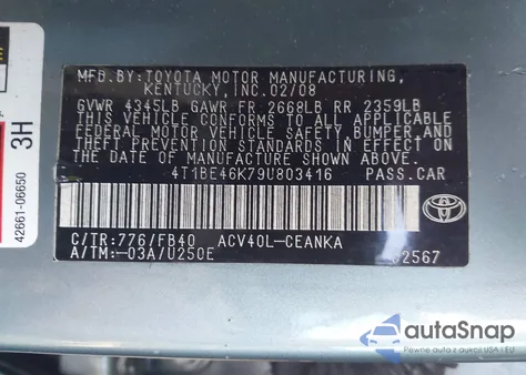 2009 Toyota Camry Le z USA, uszkodzony, nr VIN 4T1BE46K79U803416